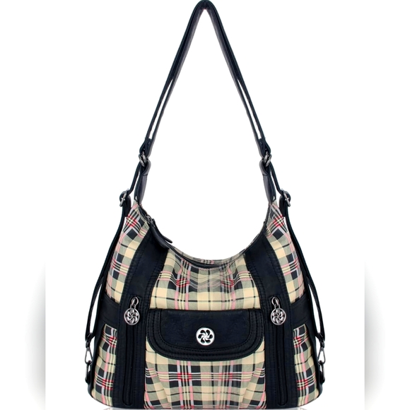 NWT! Black and Apricot Designer Angel Kiss Vegan Leather Plaid Shoulder Hobo Bag - Picture 1 of 7